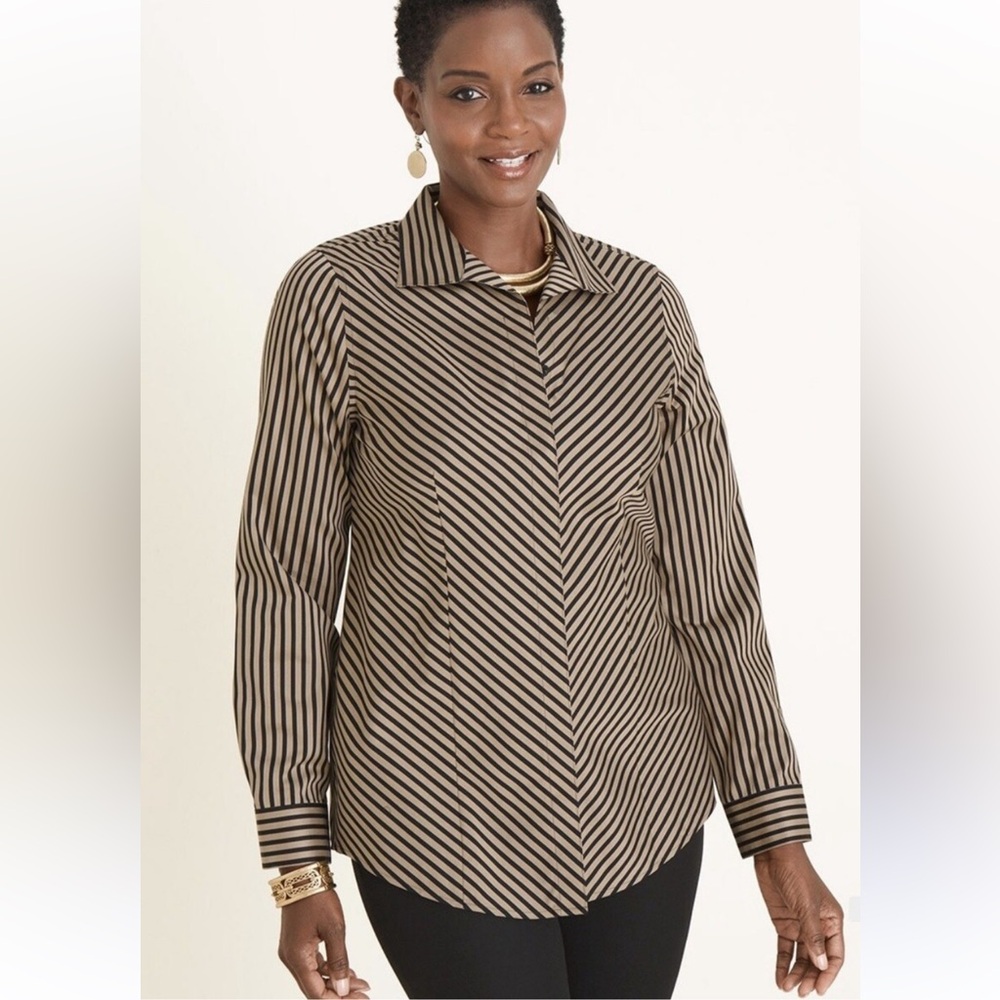 Chico's Diagonal Striped Black and Tan Button Down 100% Cotton Shirt Size3/XL